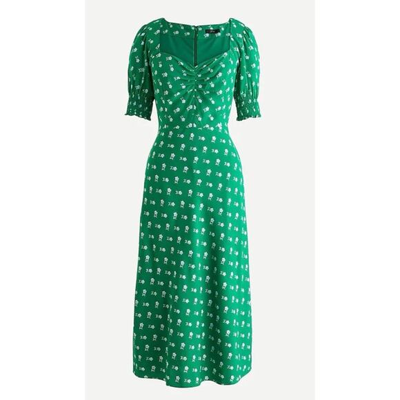 J Crew Puff-sleeve midi dress floral print green 4 NEW - Picture 2 of 11